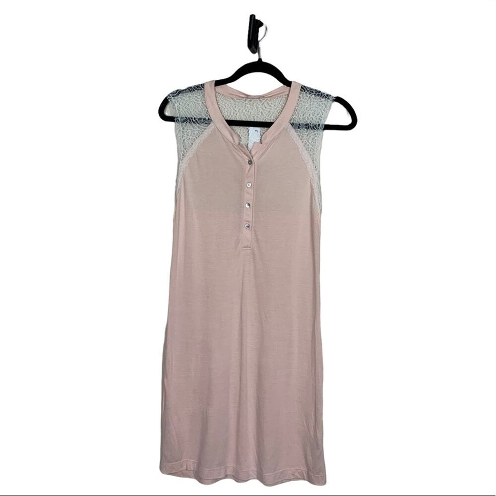 LAmade Sleeveless Lace Back Button Front Knit Shift Dress Pink White Size S